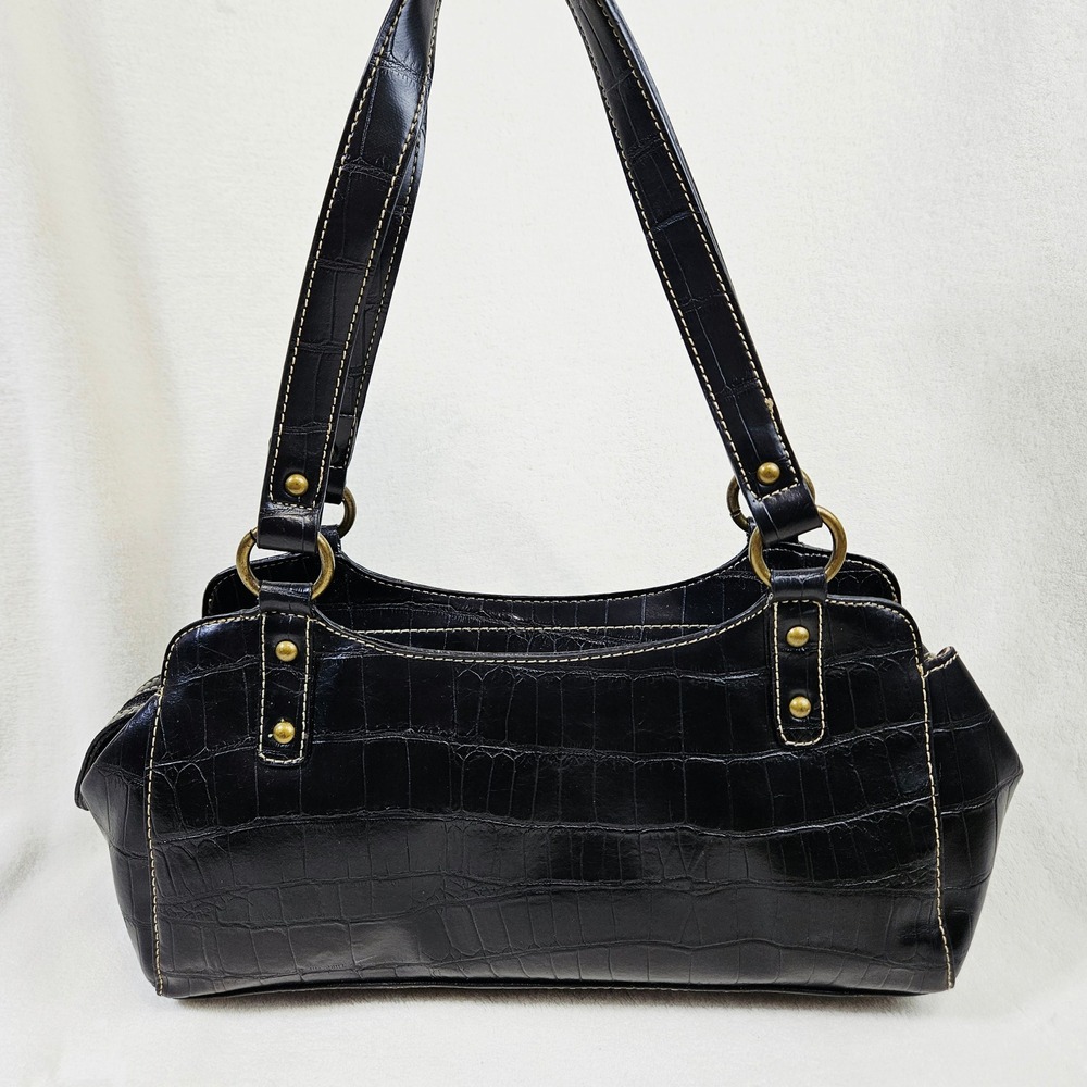 Villager Black Croc Embossed Faux Leather Shoulder Bag 12" Y2K Office Siren Chic